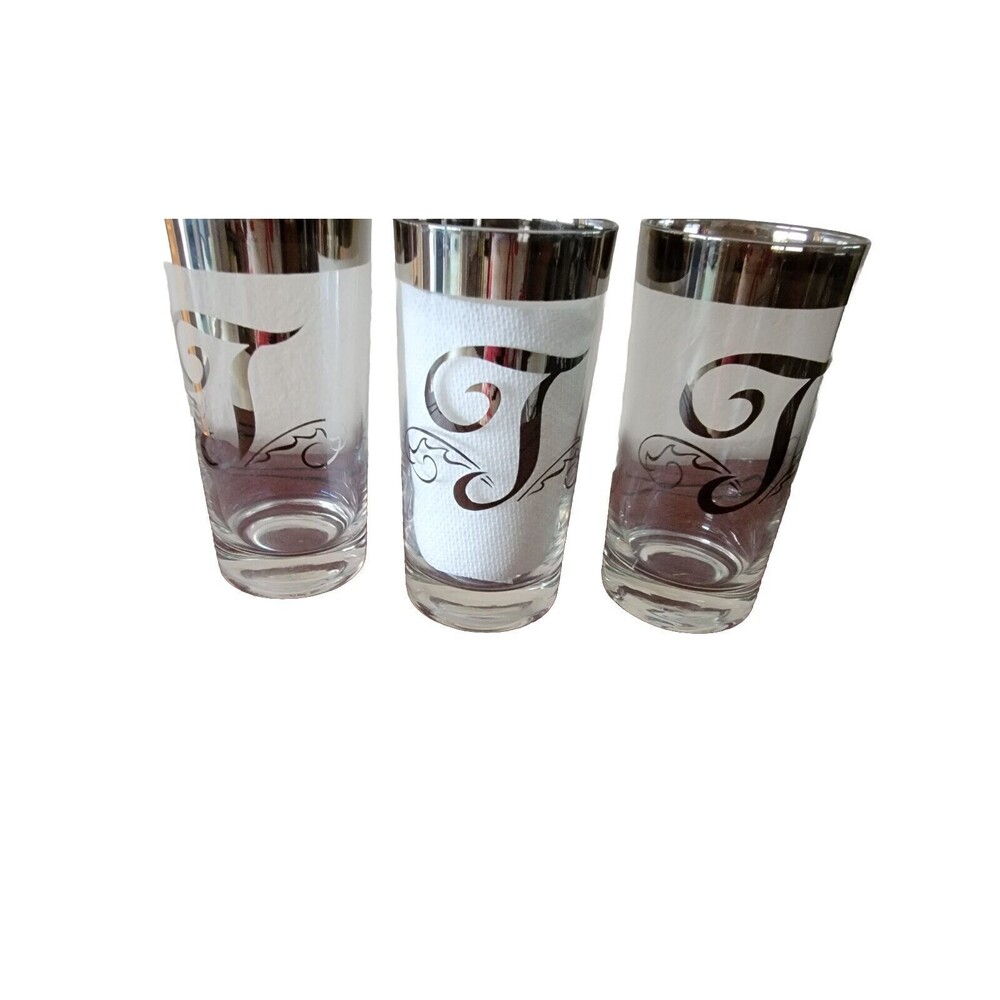 Vintage Dorothy Thorpe Silver Rim Monogram “T” 12 Oz Highball Glass MCM Set of 3